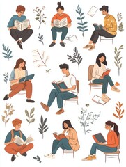 Obraz premium Linear vector illustration set of isolated students in learning process. Distance web learning, e-learning tools, school college activity, read a book, happy students with diploma, inclusive educatio