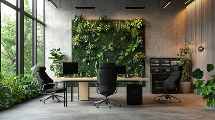Light blank wall in coworking office for teamwork with eco style furniture, big window and black chairs. 3D rendering, mock up