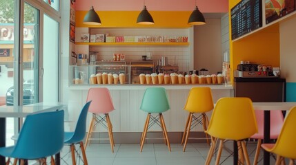 A small ice cream shop with colorful chairs and cones stacked behind the counter.