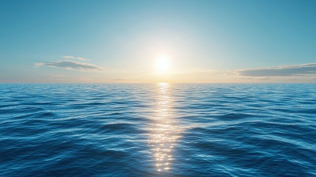 Blue ocean panorama with sun reflection, ripple waves, and calm sea with beautiful sunlight