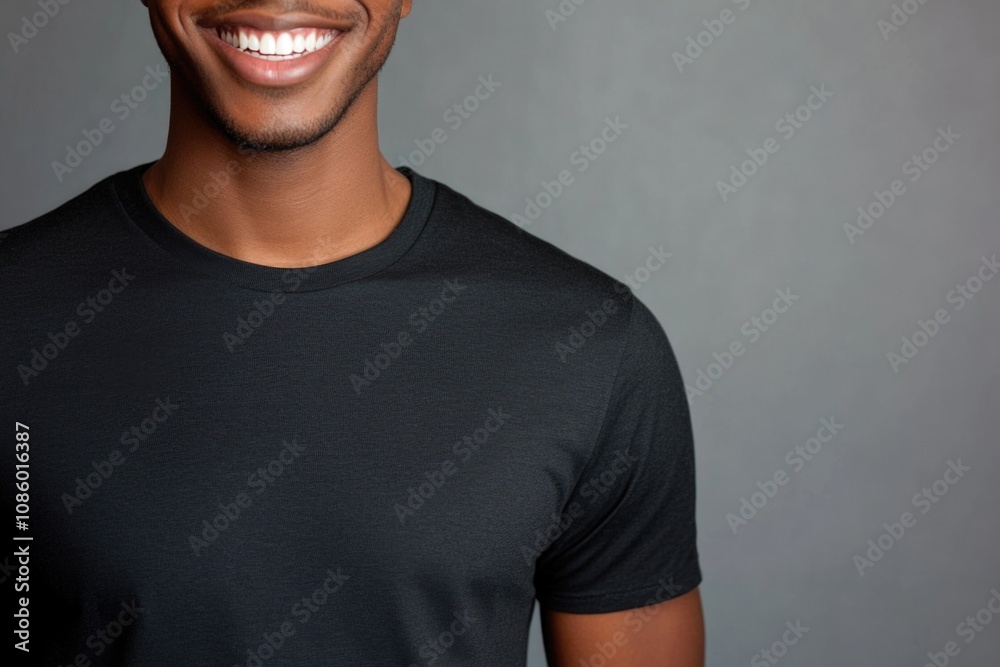 Poster a person posing in a black t-shirt, suitable for casual use or as a model reference