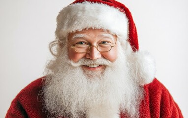 Naklejka premium Joyful Santa Claus smiling warmly at the camera, dressed in bright festive colors against a pure white background