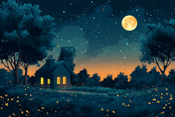 Nighttime Cottage Scene Illuminated by Moonlight and Stars