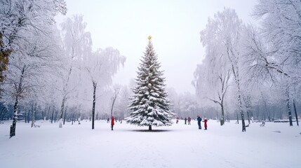 Fototapeta premium A snow-covered park with a large Christmas tree at the center, surrounded by carolers singing joyfully.