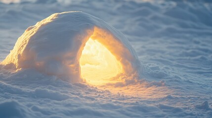 A snowy igloo glowing from the warm light within.