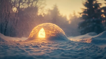 A snowy igloo glowing from the warm light within.