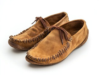 Handmade brown suede moccasins with frayed edges.
