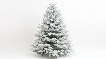 Realistic Artificial Christmas Tree with Densely Frosted Branches Creating Snow-Covered Appearance, Symmetrical and Lush Design Against Plain White Background with Green Undertones