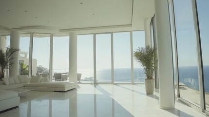 Fototapeta premium A spacious penthouse with sleek modern furnishings and a view of the sea.