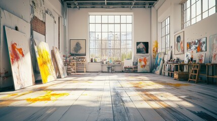 A sunny art studio with half-finished paintings on easels.