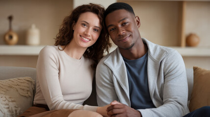 Obraz premium A smiling interracial couple, a Caucasian woman and a Black man, sit closely together on a sofa, radiating warmth and affection in a cozy living room setting.