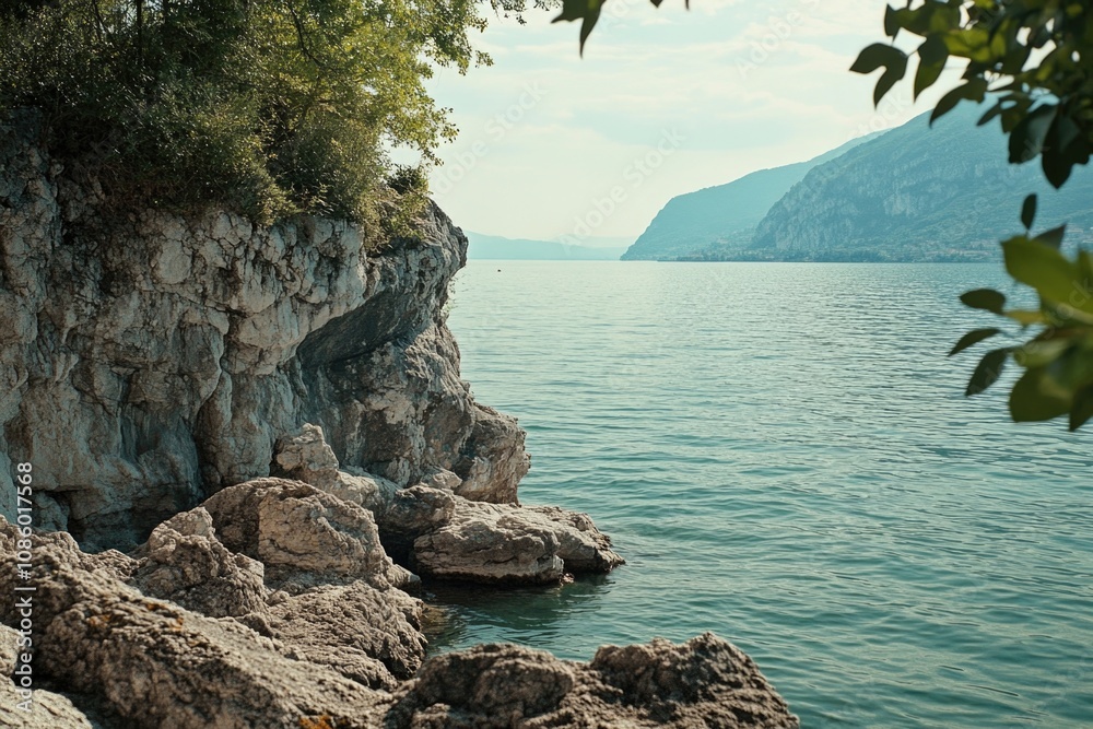 Poster a person sitting on a rock with calm waters in the background, suitable for use in illustrations or 
