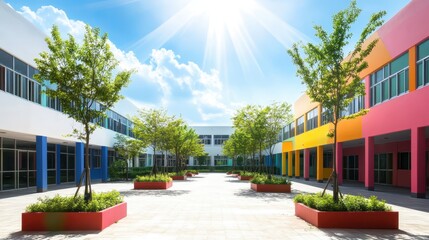 A sunny school courtyard surrounded by colorful classrooms.