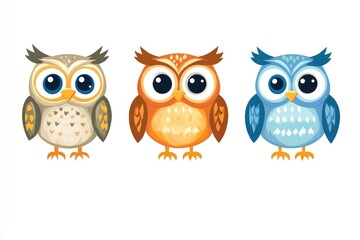 Fototapeta premium Three owls sit side by side, looking wise and alert