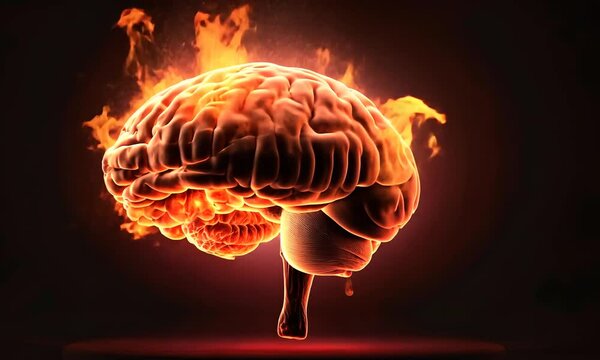 Concept: brain explosion, mind, intellect. The brain with convolutions in the human head is burning.