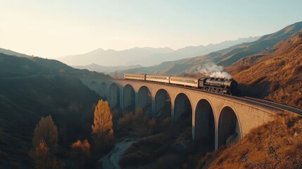 A train crossing a high mountain viaduct with dramatic scenery.