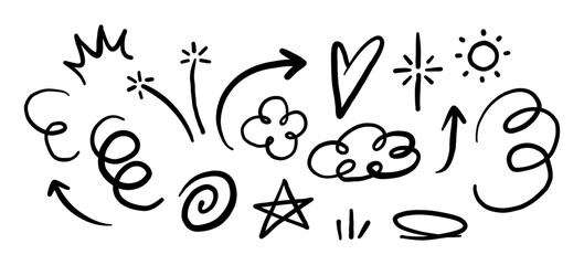 Abstract Hand Drawn Line Art Elements. A collection of 17 abstract hand-drawn line elements, including arrows, sparkles, and shapes, ideal for decoration, minimalistic designs, and graphic accents