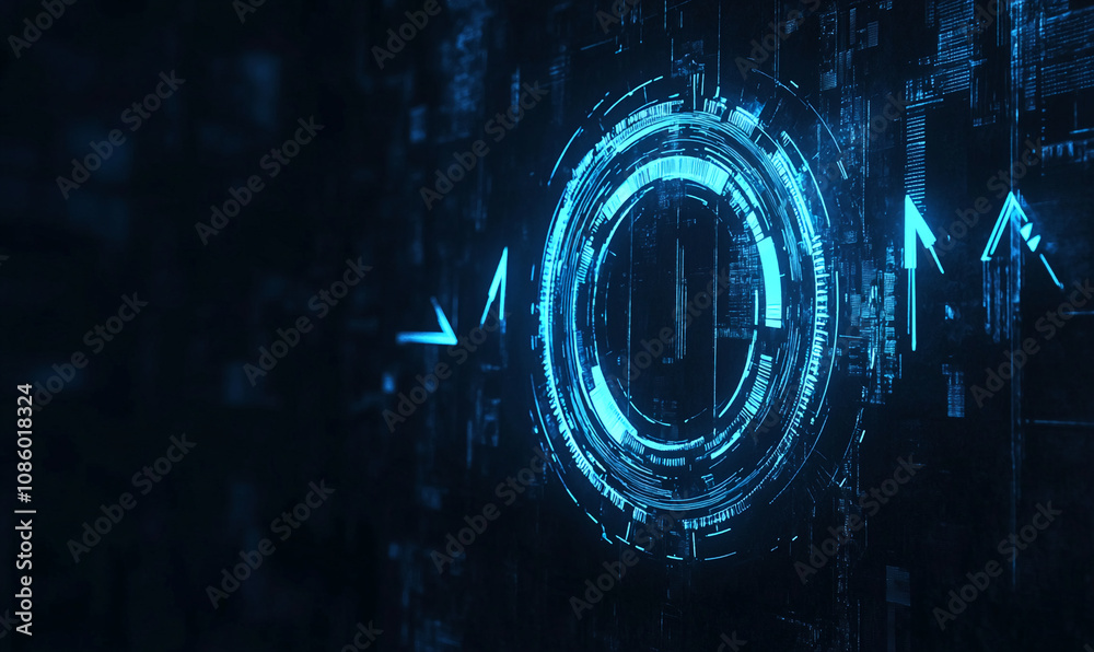 Poster glowing blue circles and arrows move across a dark background