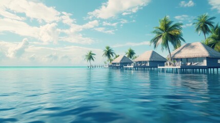 Naklejka premium A tropical island resort with overwater bungalows and a sparkling ocean.
