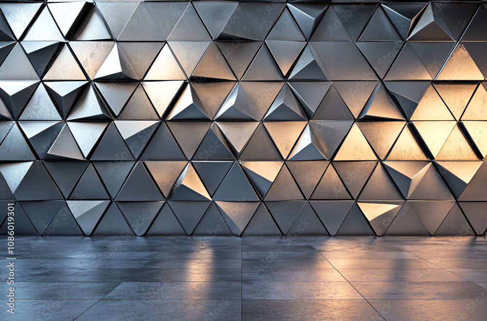 Poster a wall of textured, three-dimensional metallic triangles, varying in shades of gray and gold, reflec