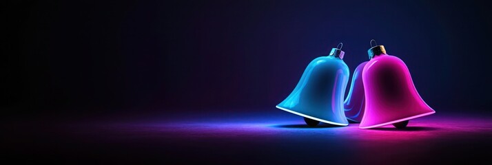 Minimalist Christmas bells with a neon gradient transitioning from electric blue to magenta, casting a soft glow on a dark backdrop