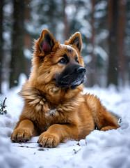 Naklejka premium Adorable baby animal playing in the snow. Mesmerizing winter scene. Perfect for pet related projects and holiday cards.