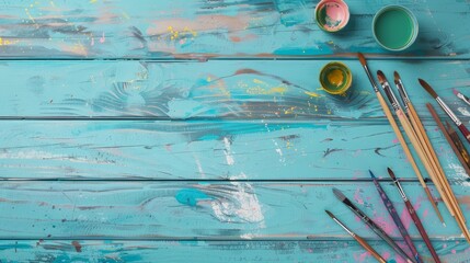 Colorful artistic workspace featuring a creative desk with paints and supplies for inspiration.