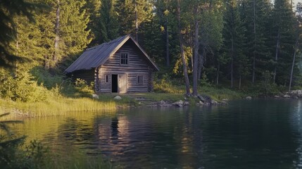 Fototapeta premium An old wooden cabin in the woods, surrounded by pine trees and a serene lake.
