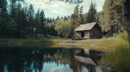 Fototapeta premium An old wooden cabin in the woods, surrounded by pine trees and a serene lake.