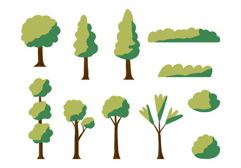 Nature Tree and Bush Collection. A collection of 11 stylized tree and bush illustrations, featuring various shapes and styles ideal for natural, garden, or park-themed designs