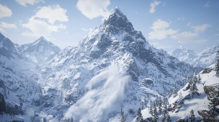 Fototapeta premium A towering snow-covered mountain peak experiences a dramatic avalanche on a clear winter day