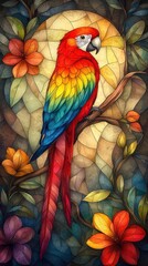 Fototapeta premium A vibrant, stained glass artwork featuring a colorful macaw perched on a branch amidst flowers and foliage.