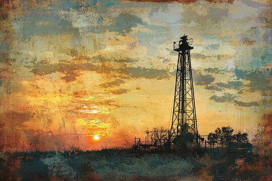 Vintage texas oil derrick silhouetted against sunset sky, rugged terrain.