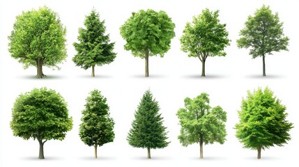 Obraz premium Set of green trees isolated on a white background, different kinds of tree collection