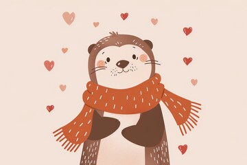 Fototapeta premium Cute otter illustration with scarf and hearts