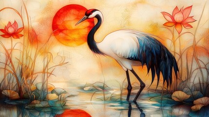 Obraz premium A serene crane stands gracefully by a pond, framed by vibrant lotus flowers and a warm sunset, creating a tranquil, artistic scene.