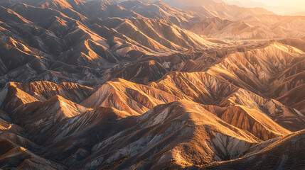 Majestic mountains bathed in golden light showcasing rich textures and deep valleys at sunset