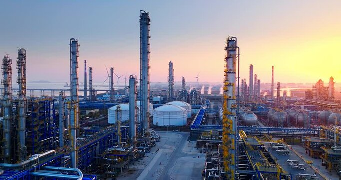 Petrochemical plant industrial buildings sunset landscape