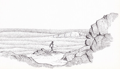 Pen and ink drawing of a surfer heading in to the sea
