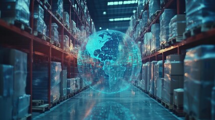 Abstract digital logistics, delivery and transportation hologram with globe and network on blurry warehouse background. Double exposure
