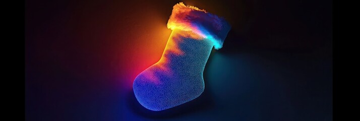 Minimalist Christmas stocking with a glowing gradient from electric blue to neon yellow, casting a soft glow on a dark canvas