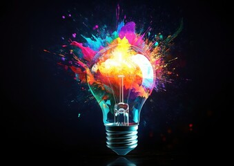 Creative light bulb explodes with colorful paint and splashes on a black background. Think differently creative idea concept