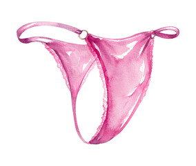 Women's panties. Pink silk sexy thong underwear hand drawn watercolor illustration