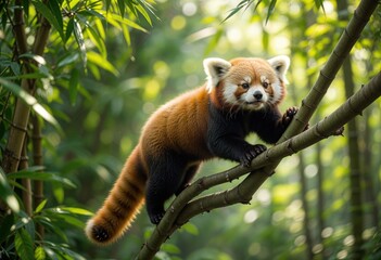 Obraz premium Adorable Red Panda Climbing Through a Lush Bamboo Forest – Captivating Wildlife Photography Highlighting Endangered Species in Their Natural Habitat, Perfect for Nature Lovers