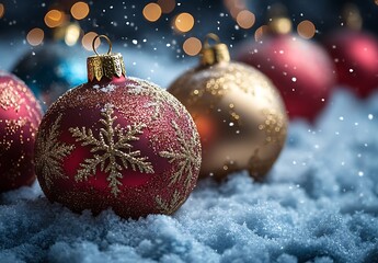 Vibrant group of red, blue, and gold ornaments resting on snow.

