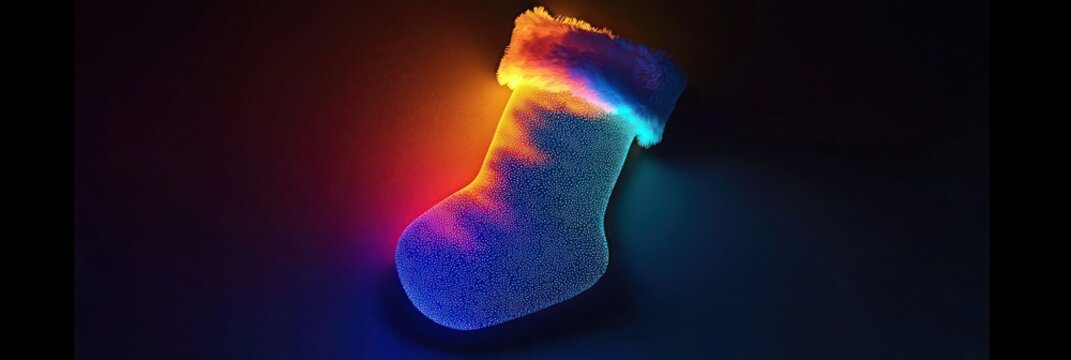 Minimalist Christmas stocking with a glowing gradient from electric blue to neon yellow, casting a soft glow on a dark canvas