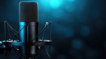 A close-up image of a professional microphone set against a vibrant blue background, ideal for...