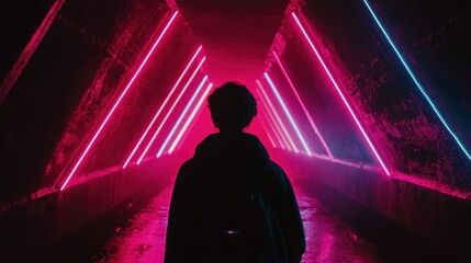 A person is standing in a tunnel with neon lights