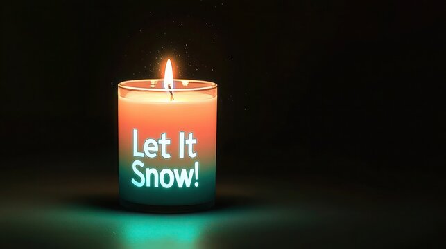 Minimalist glowing Christmas candle with a gradient from neon peach to neon teal, softly lit against a black background, featuring "Let It Snow!" in whimsical, luminous text