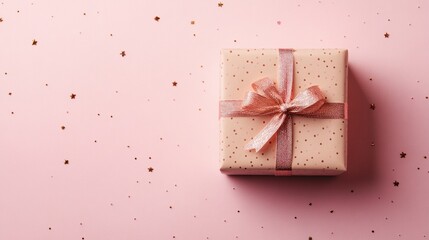 Fototapeta premium A delightful and inviting birthday celebration scene featuring a beautifully wrapped gift box adorned with a delicate ribbon on a soft pink background with shimmering stars